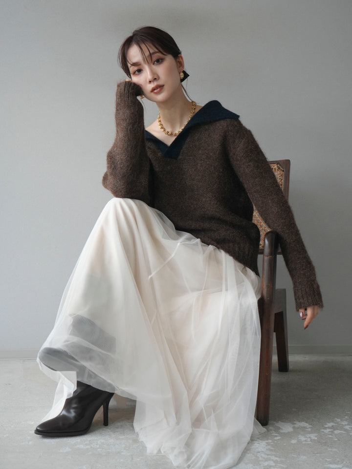 [予約]バイカラー襟付きニットプルオーバー/brown