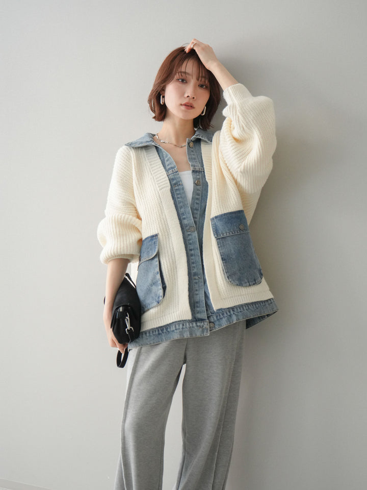 [SET]デニムドッキングオーバーニットジャケット+選べるアクセセット(2set)