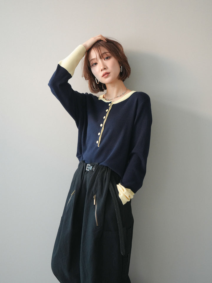 [予約]ヘンリーネック配色ニットソー/navy