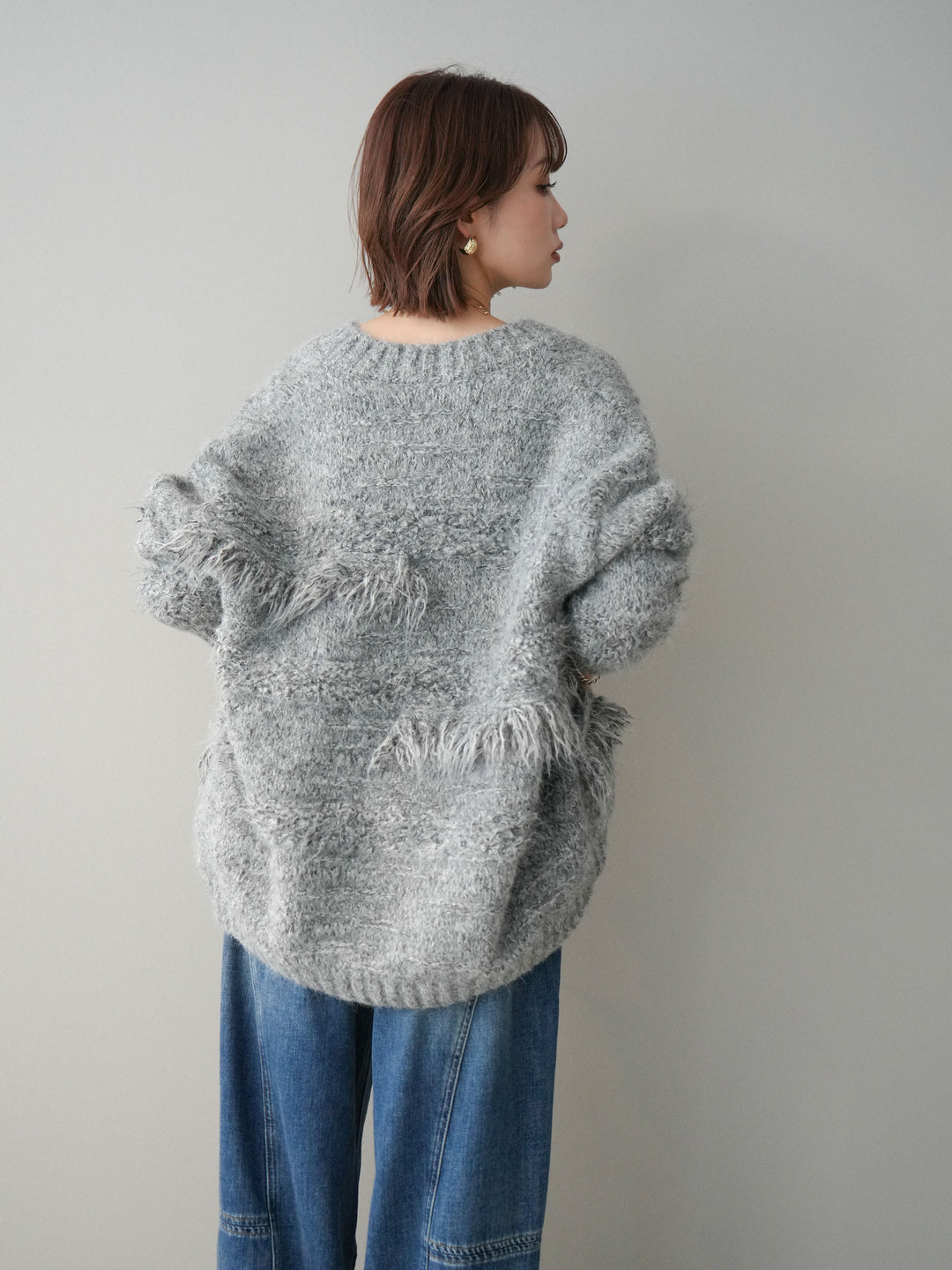 [SET]ミックスヤーンフリンジデザインニットジャケット+裏起毛加工デニムカーブパンツ(2set)