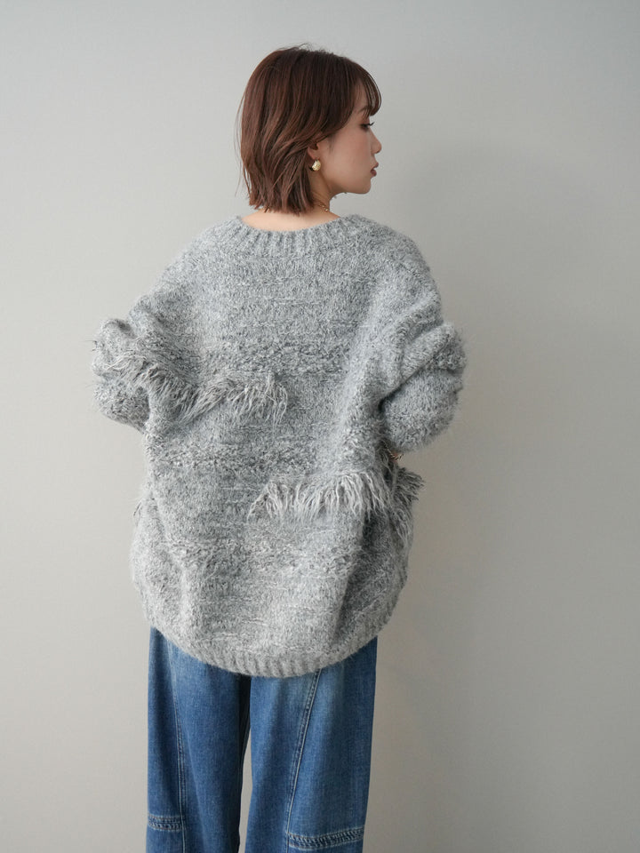 [SET]ミックスヤーンフリンジデザインニットジャケット+裏起毛加工デニムカーブパンツ(2set)