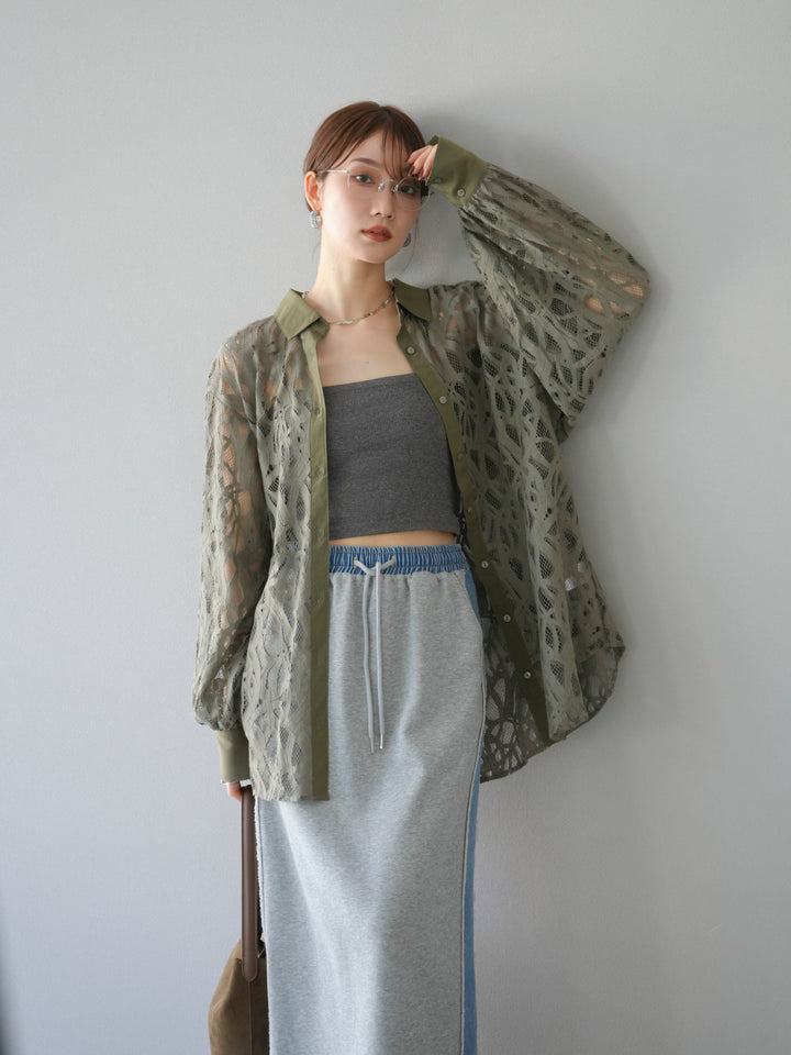 [SET]コードレースオーバーシャツ+デニムドッキングスウェットスカート(2set)