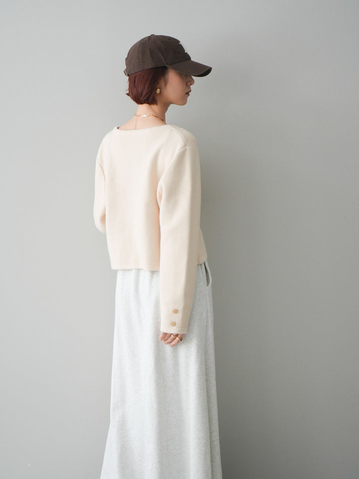 [予約]ゴールドボタンノーカラーニットジャケット/ivory