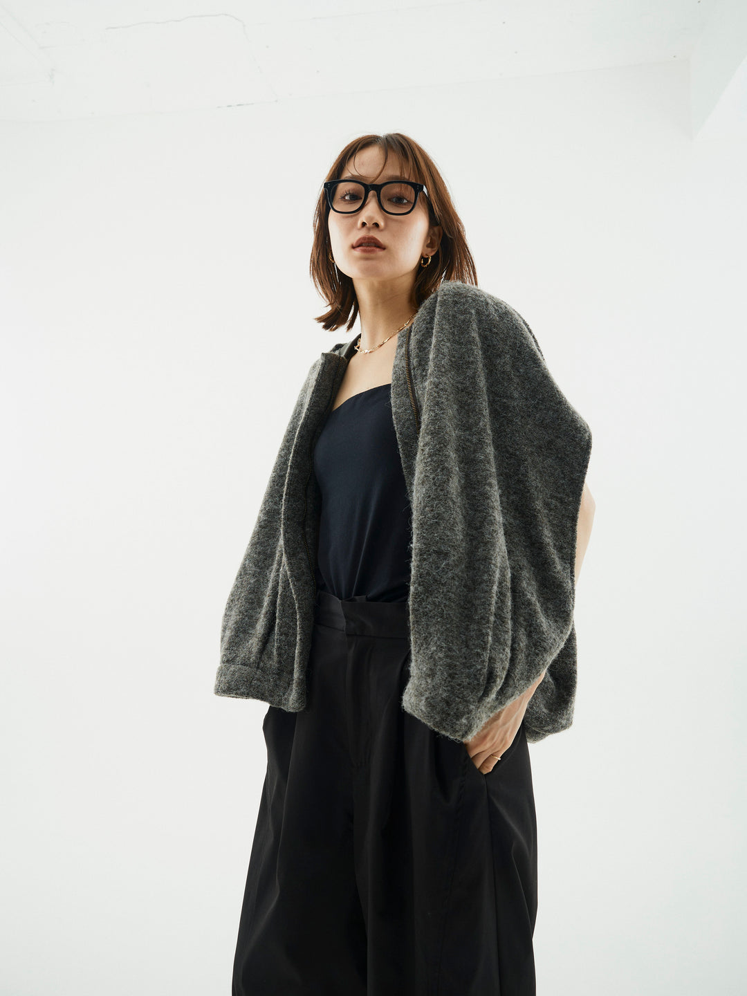 【Allure】[SET]ウール混コクーンブルゾン+タフタワイドカーブパンツ(2set)