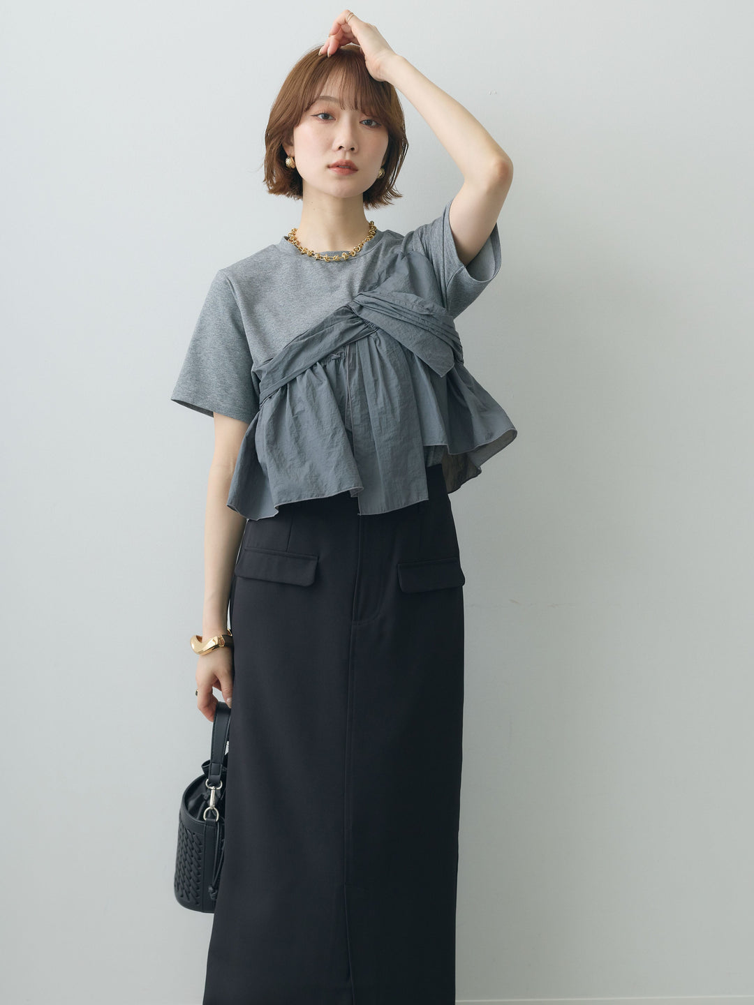 【着回しセット】[SET]ナイロンドッキングツイストTEE +ナイロンドッキングツイストTEE +クレープデシンフラップ付きストレートスカート(3set)