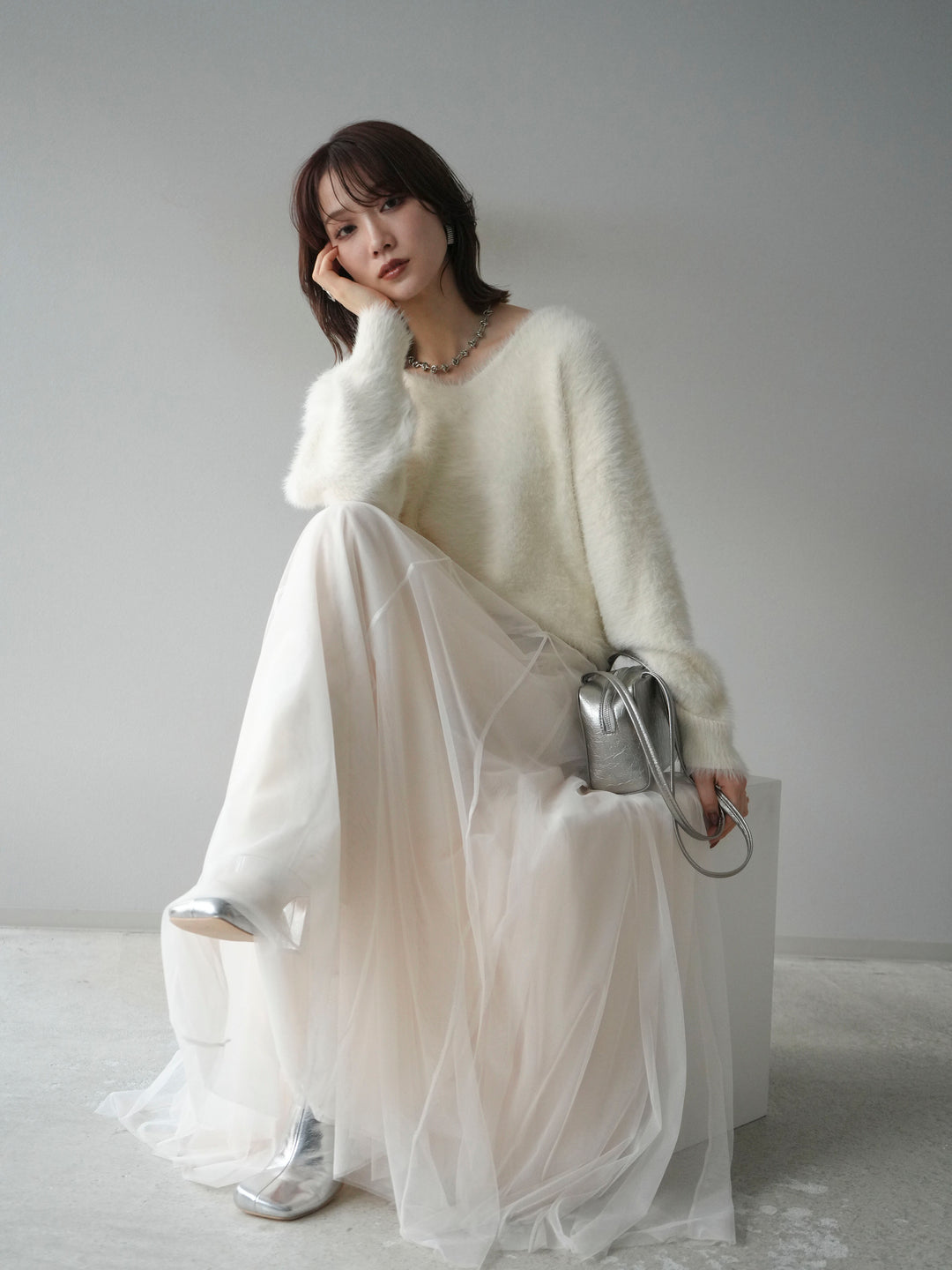 [予約]バックリボンVネックシャギーニットプルオーバー/ivory