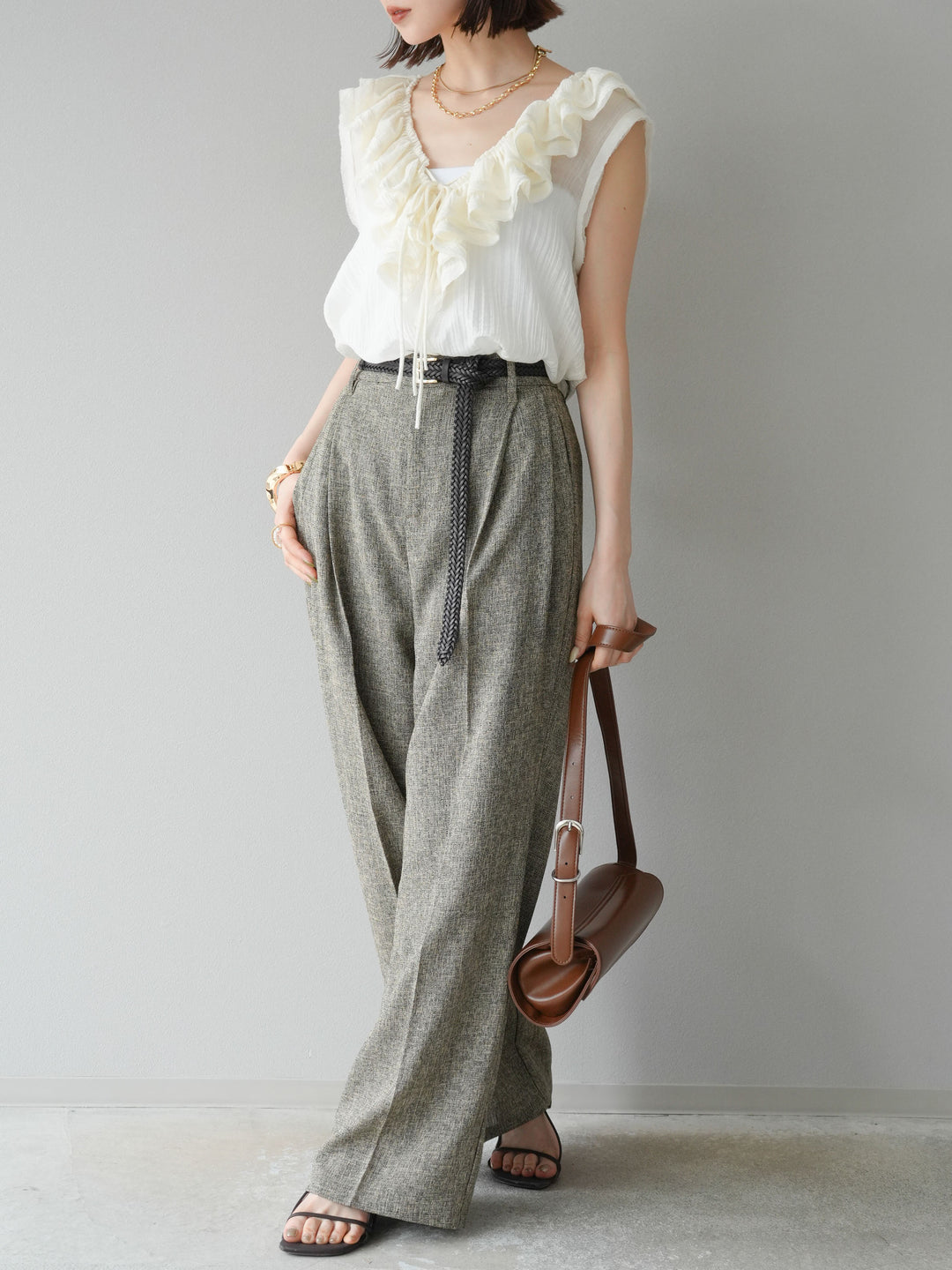 [予約]ミックスツイードタックパンツ/ブラウン