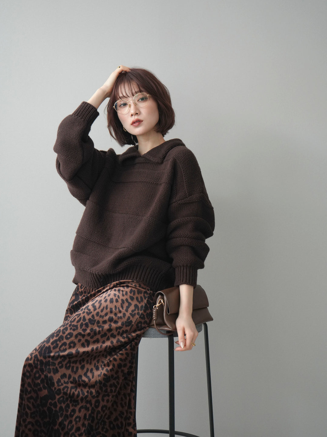 [SET]襟付きボーダー編みニットプルオーバー+レオパードベロアナロースカート(2set)