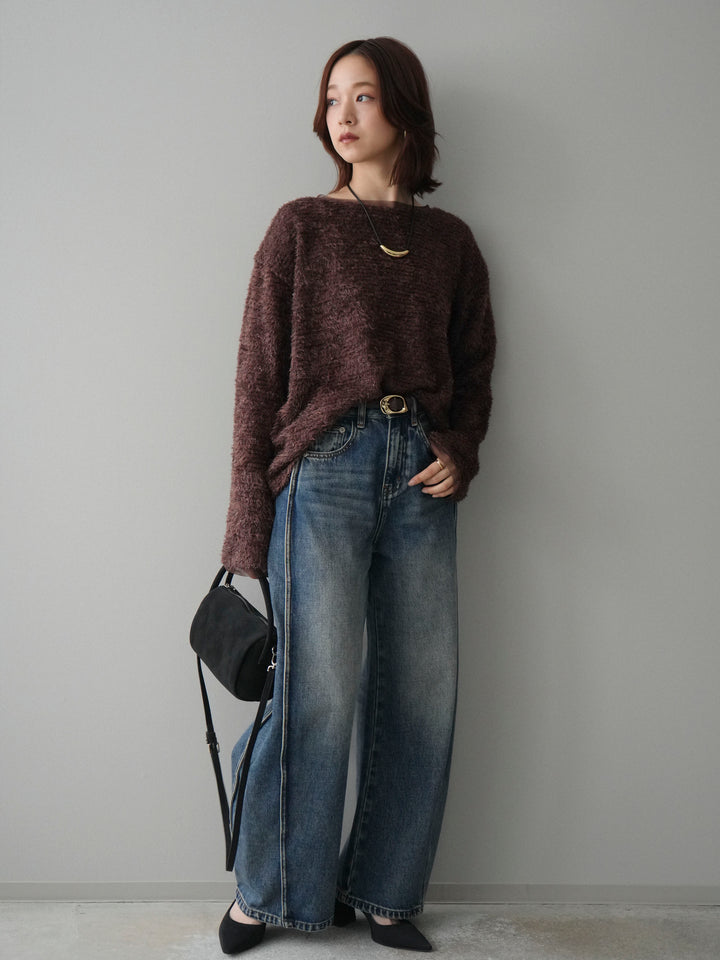 [SET]ラメシャギートップス+サイド切替カーブデニムパンツ(2set)