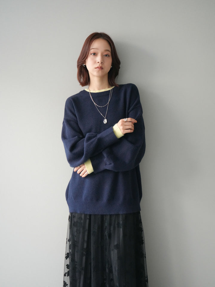 [SET]ヘンリーネック配色レイヤードニットプルオーバー+フラワーフロッキーチュールプリーツスカート(2set)