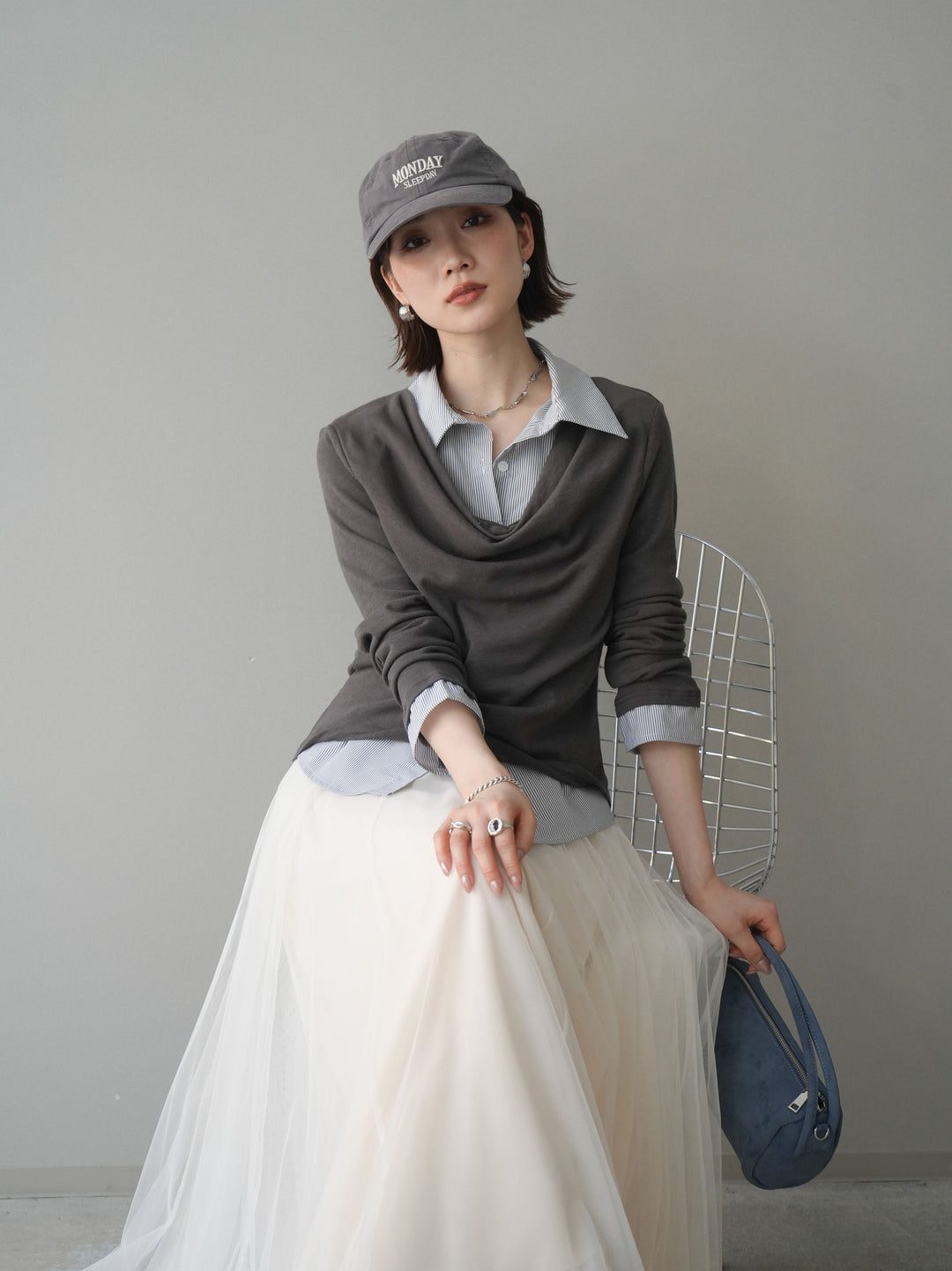 [予約]ストライプドッキングシャツドレープカットソー/charcoal
