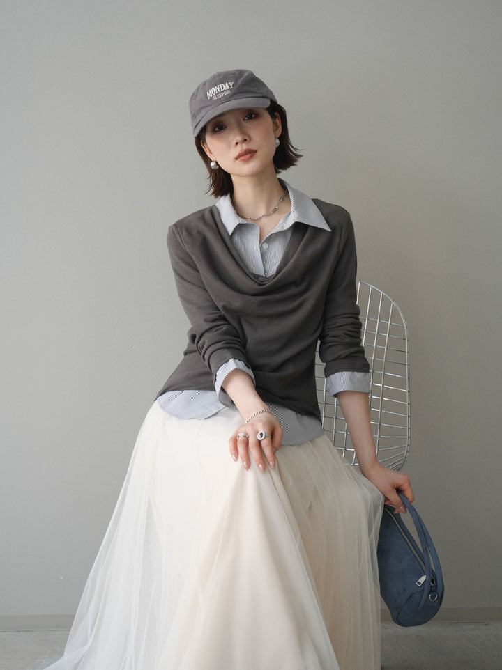 [予約]ストライプドッキングシャツドレープカットソー/charcoal