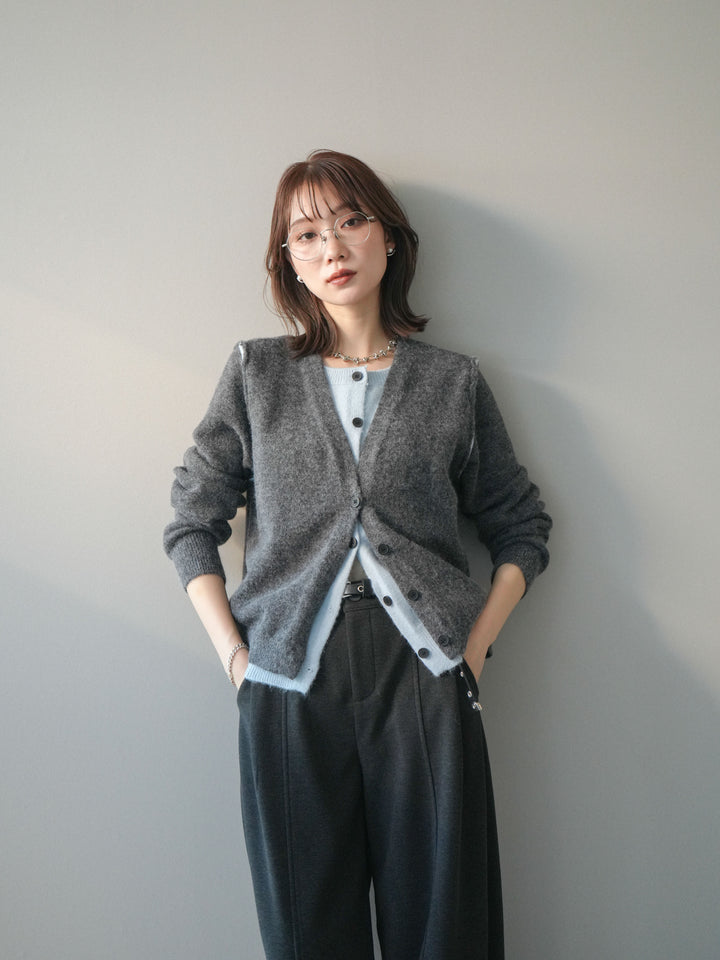 [予約]配色レイヤードニットカーディガン/gray