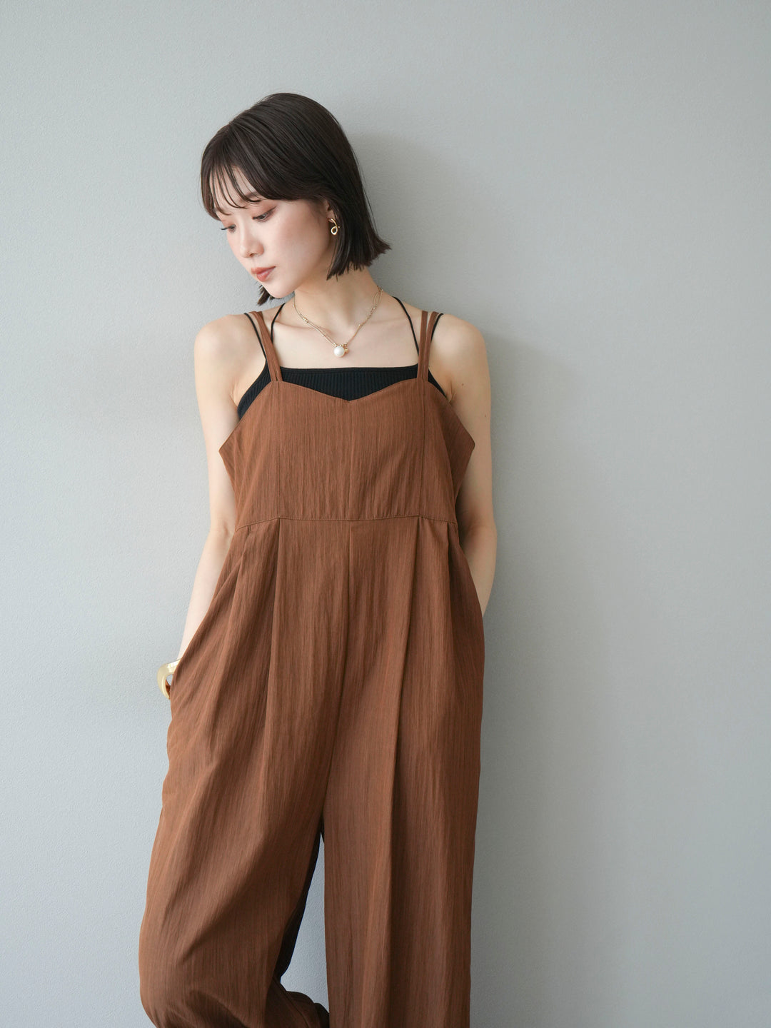 [SET]リネンライクビスチェデザインサロペット+ダブルストラップカットリブブラキャミソール(2set)