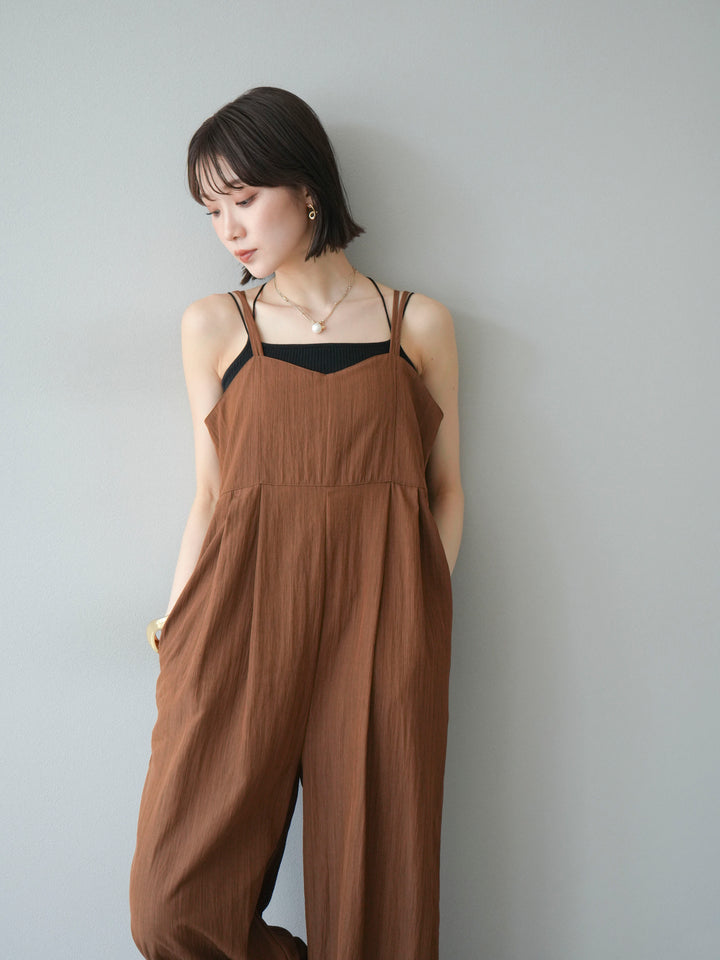 [SET]リネンライクビスチェデザインサロペット+ダブルストラップカットリブブラキャミソール(2set)