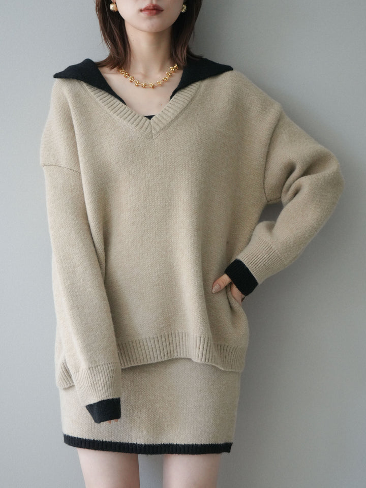 [SET]配色襟ニット＆ミニスカートSET UP(2set)