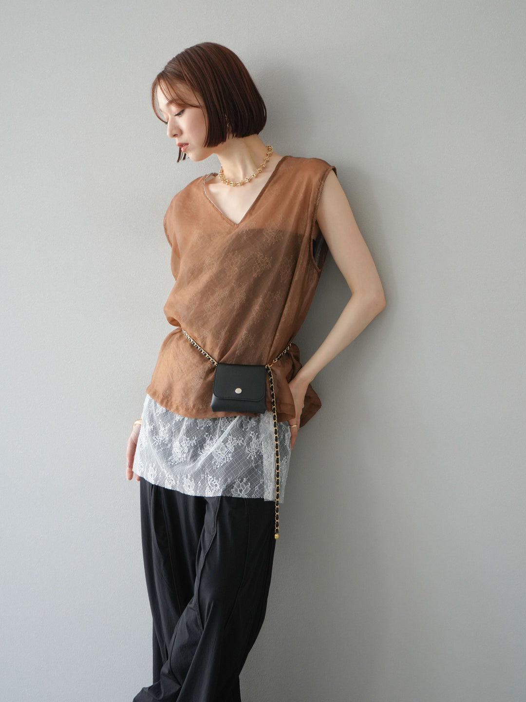 [予約]レースレイヤードオーガンジートップス/ブラウン