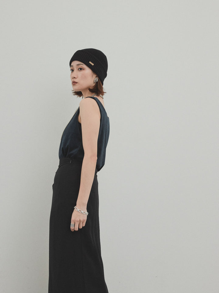 [SET]スクエアベロアタンクトップ+ワッシャーサテンレイヤードスカートパンツ(2set)