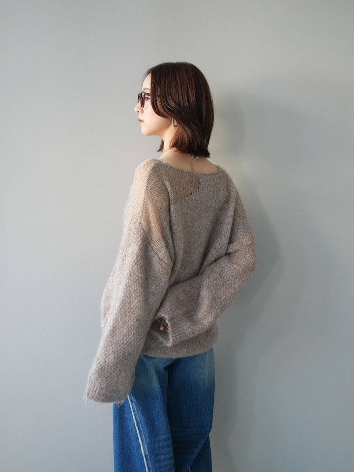 [SET]透かしデザインニットプルオーバー+サイドフリンジワイドデニムパンツ(2set)