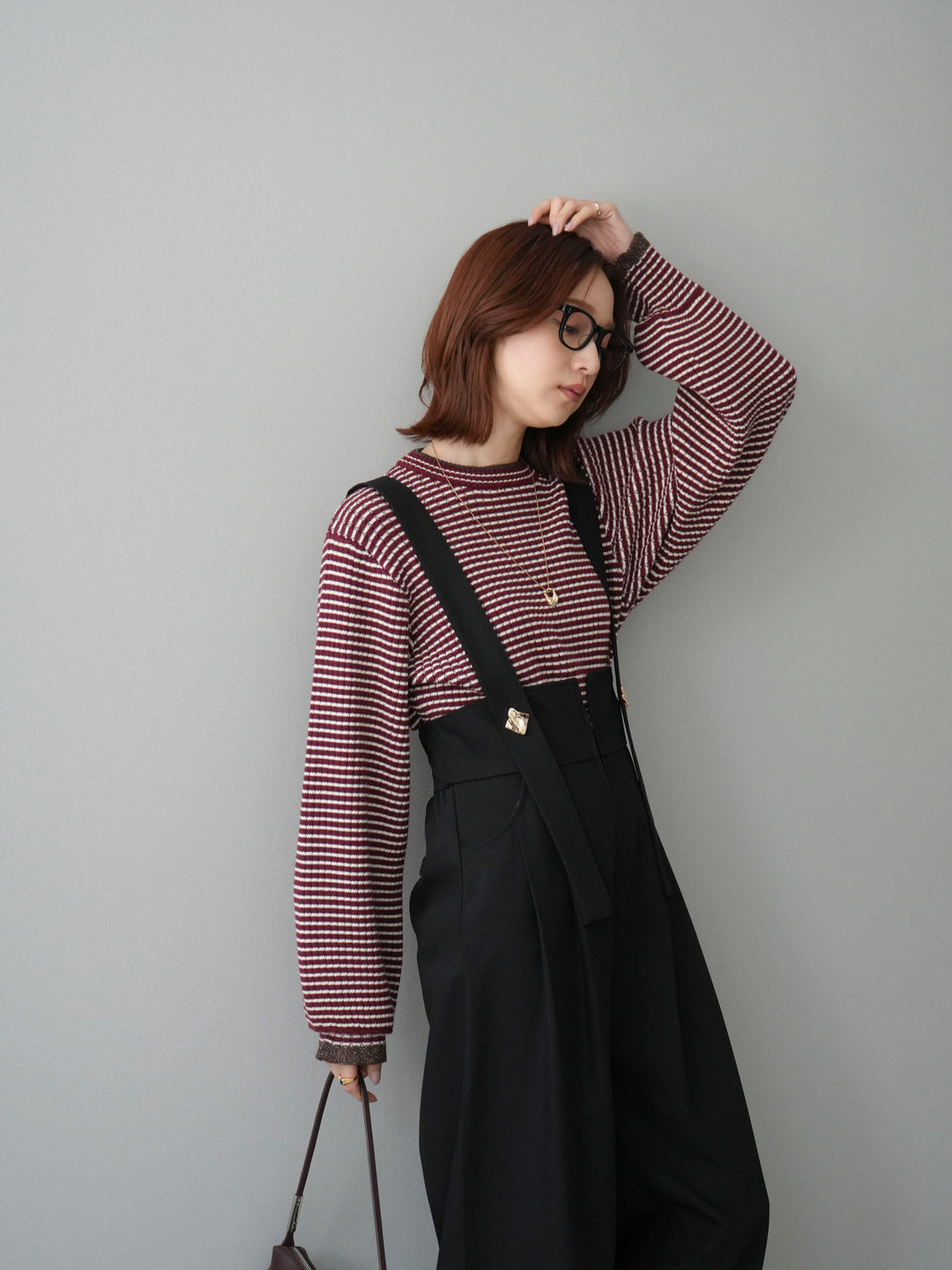 [SET]ラメ異素材ボーダーリブニットプルオーバー+ゴールドボタンサスペンダーワイドパンツ(2set)