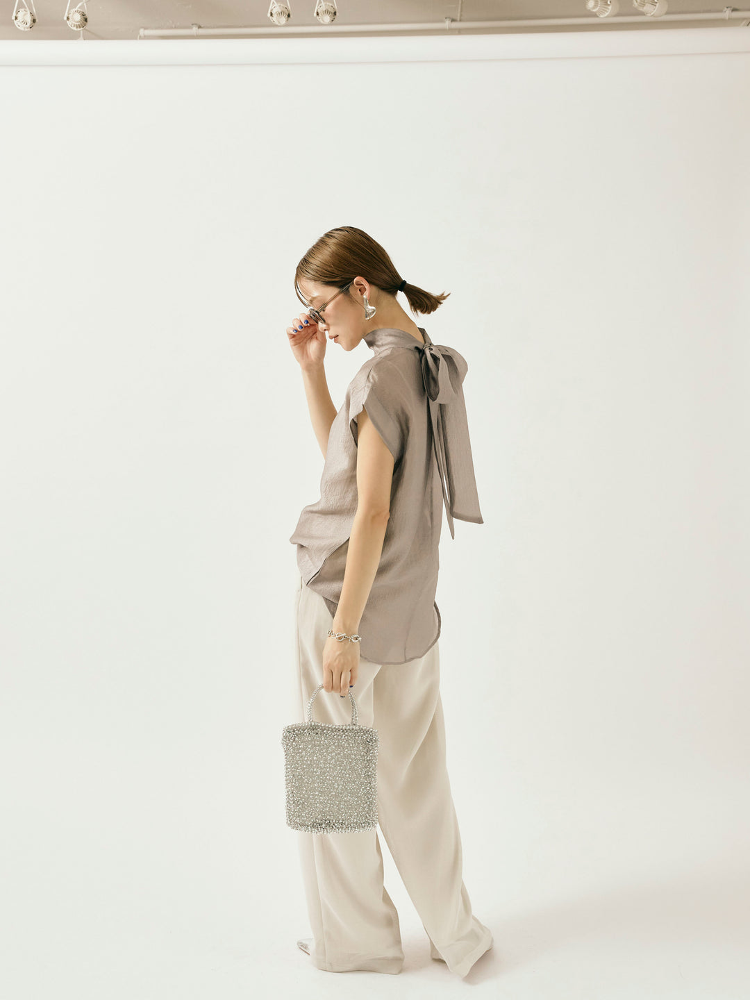 【Allure】[SET]シャイニーシアーブラウス+メッシュタックワイドパンツ(2set)