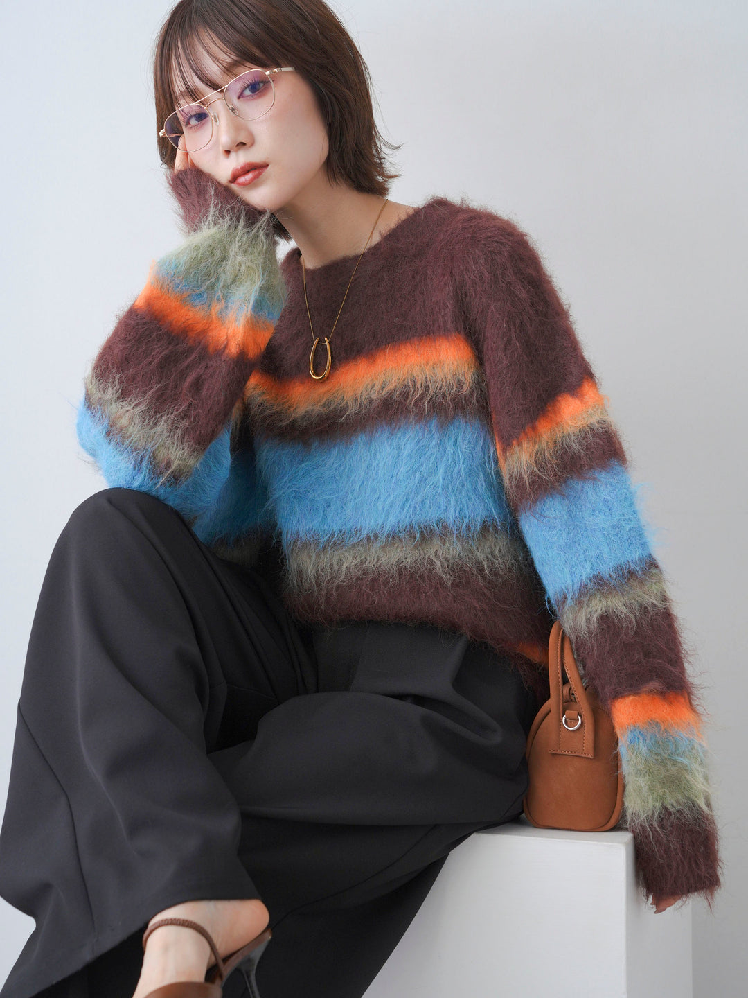 [SET]カラフルボーダーシャギーニットプルオーバー+ベルトループデザインワイドパンツ(2set)
