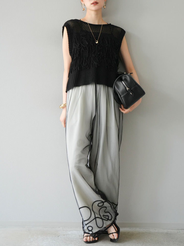 [SET]透かし編みフリンジニットトップス+コード刺繍チュールレイヤードパンツ(2set)