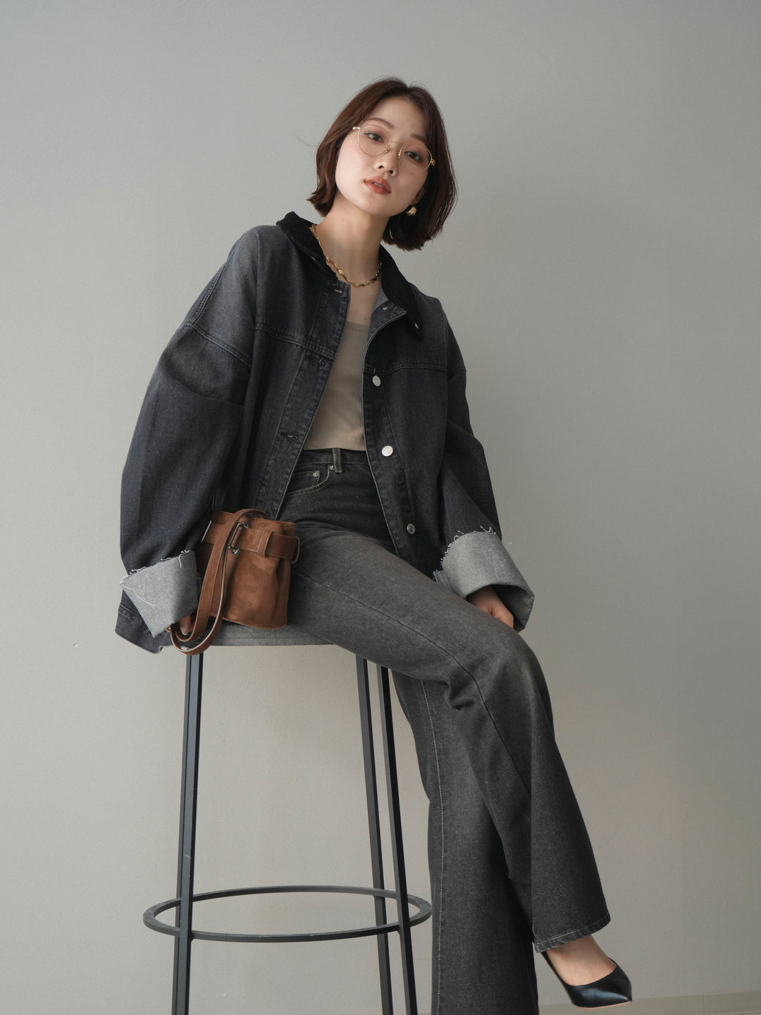 [SET]コーデュロイ×デニムミドルジャケット+フレアデニムパンツ(2set)