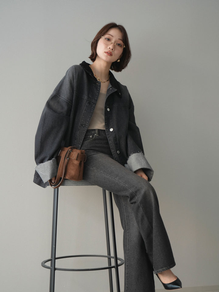 [SET]コーデュロイ×デニムミドルジャケット+フレアデニムパンツ(2set)