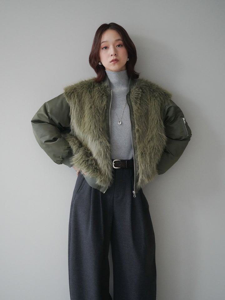 [SET]ファードッキングMA-1+アニマル柄ベルト付きウールタッチワイドパンツ(2set)