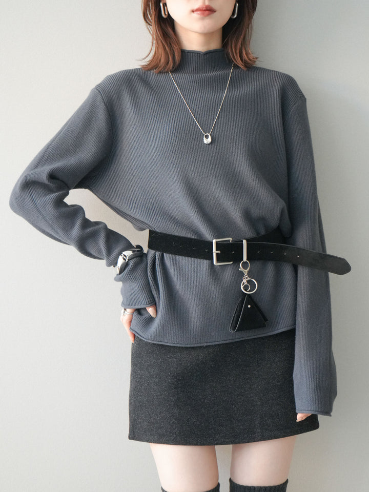 [予約]ボトルネック裾カールリブニットトップス/charcoal