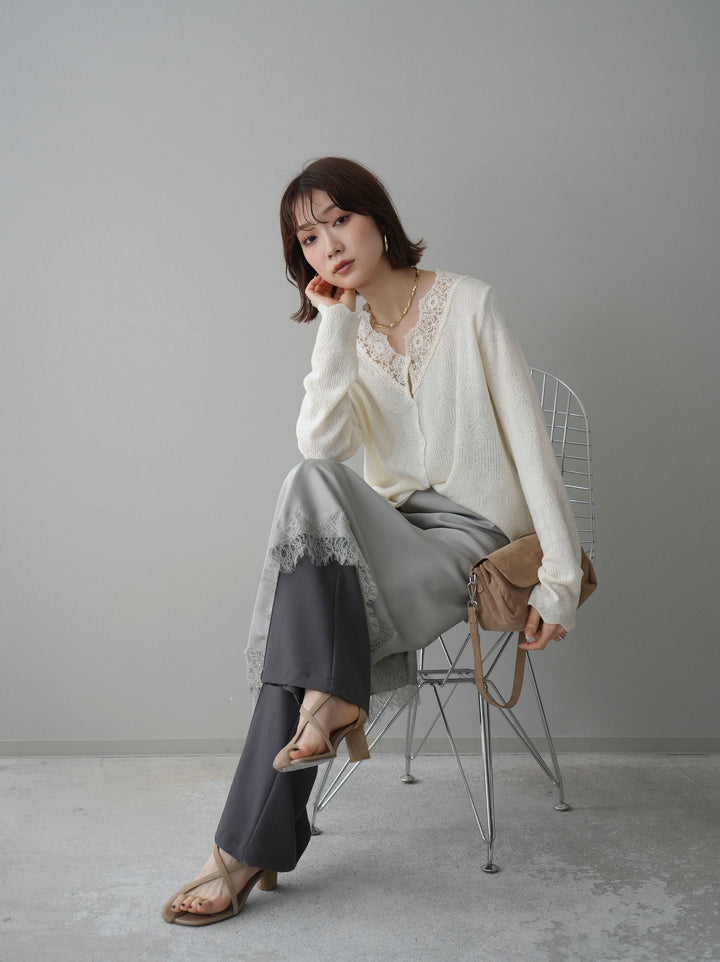 [SET]レースネックジャガードニットカーディガン+センターシームフレアパンツ(2set)