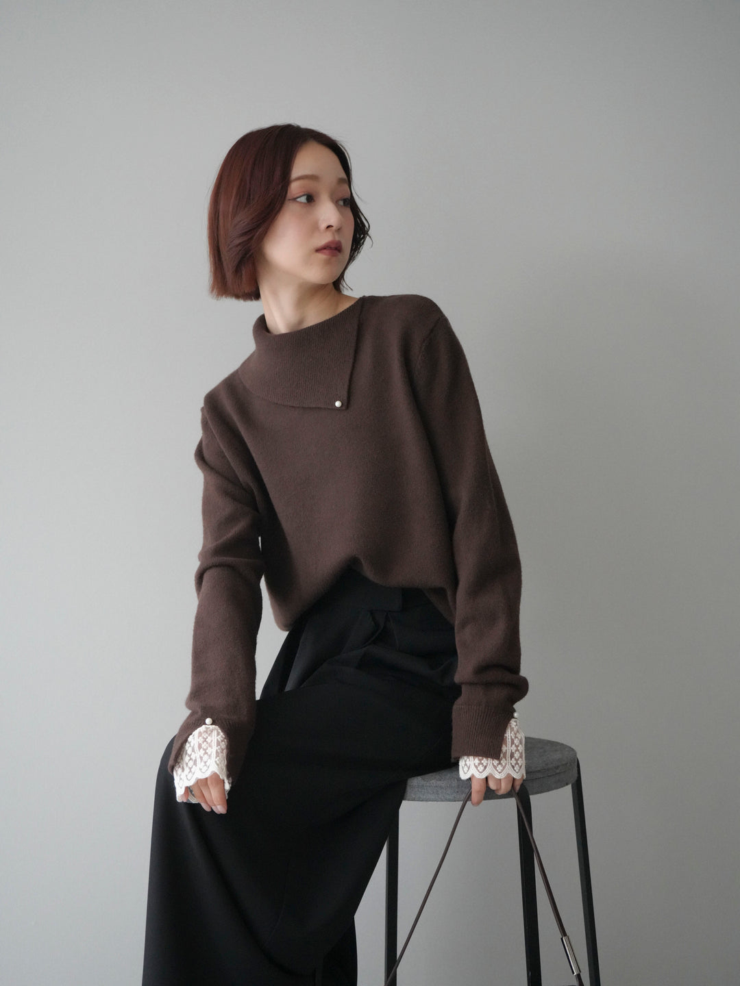 [SET]袖レースパール付き配色ニットトップス+テープベルトタックバギーパンツ(2set)