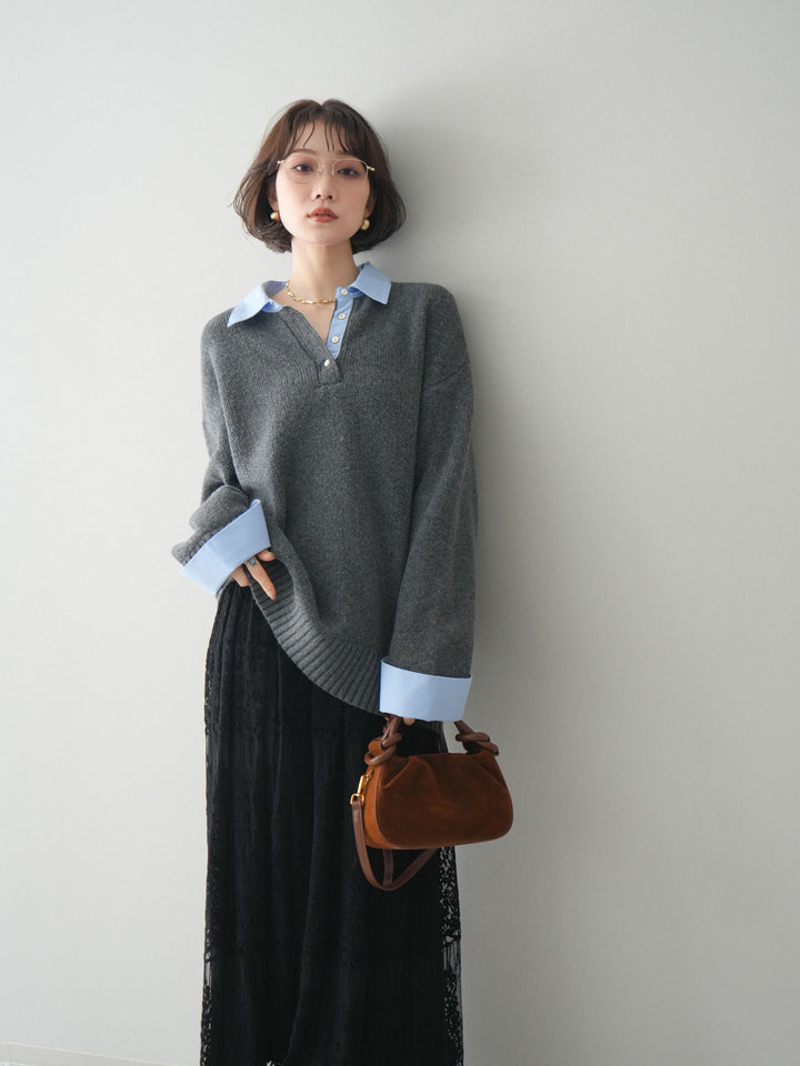 [予約]シャツドッキングオーバーニットプルオーバー/charcoalsax