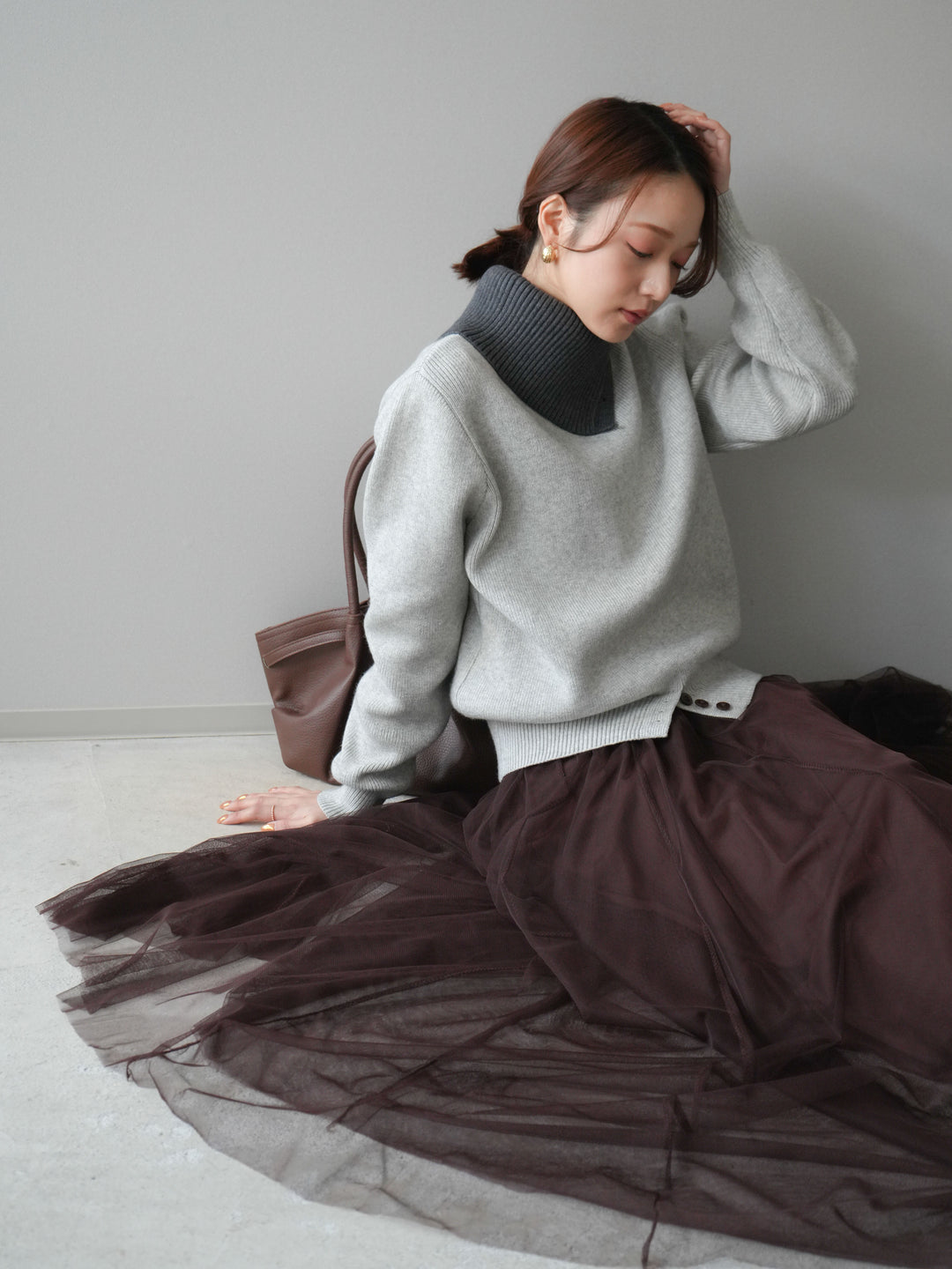 [予約]デザインネックバイカラーニットプルオーバー/gray