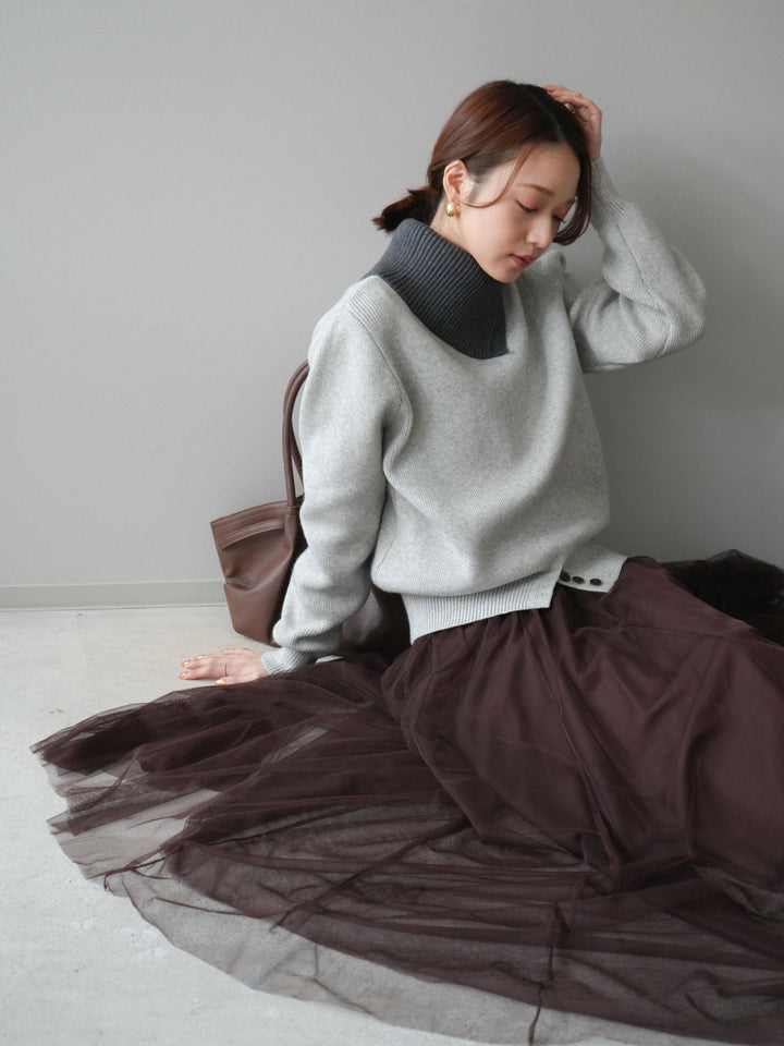 [予約]デザインネックバイカラーニットプルオーバー/gray