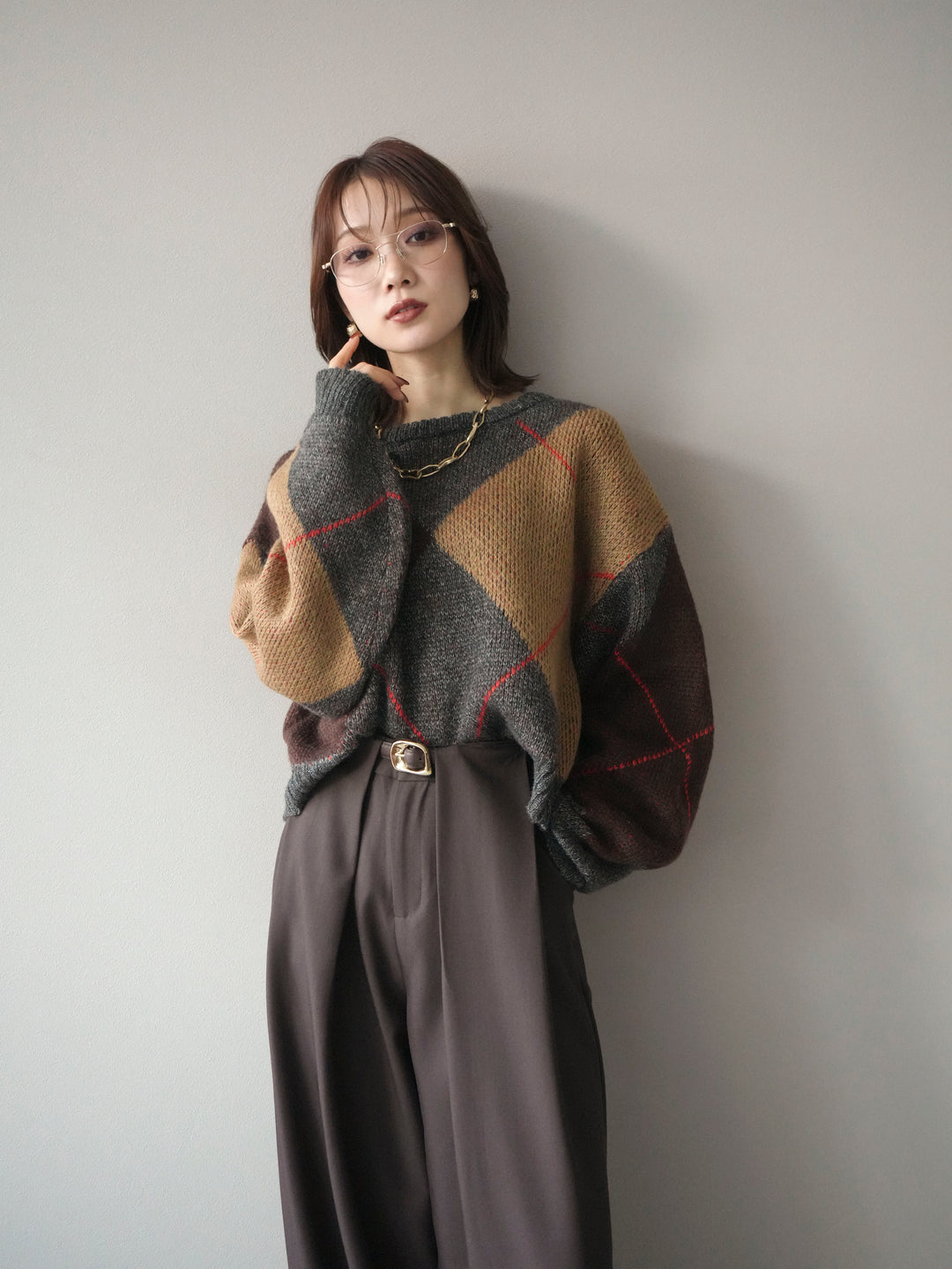 [予約]配色ステッチアーガイル柄ニットプルオーバー/charcoal