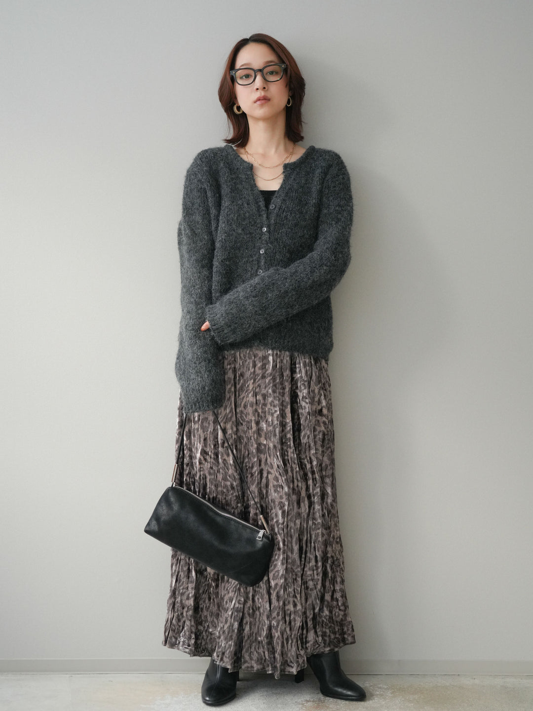 [予約]レオパードベロアワッシャーロングスカート/gray