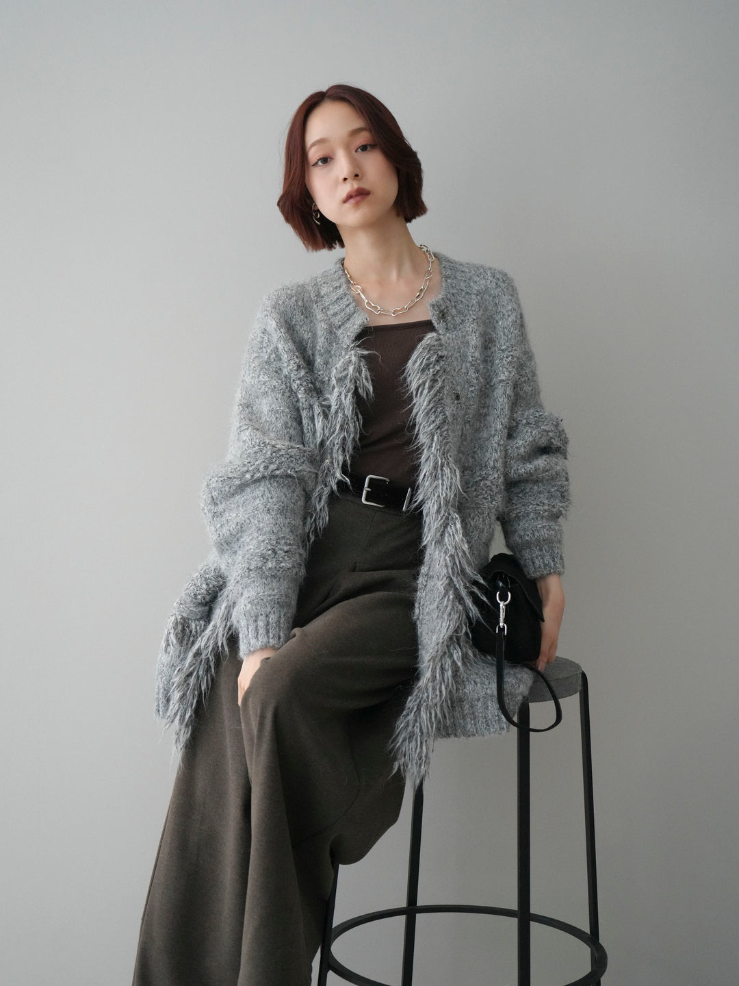 [予約]ミックスヤーンフリンジデザインニットジャケット/gray