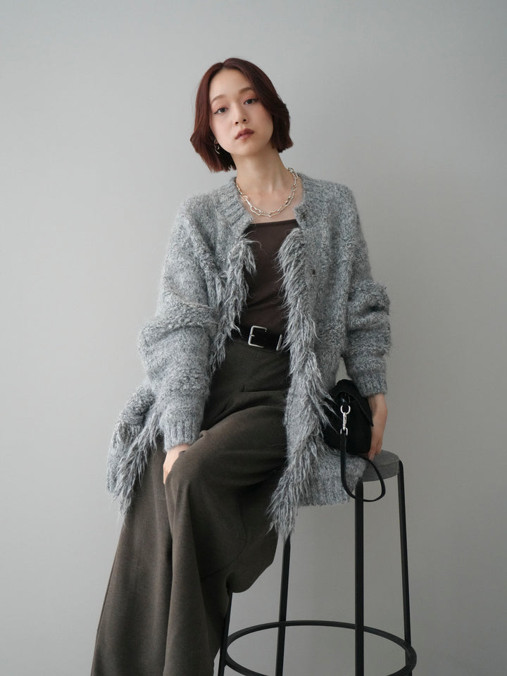 [予約]ミックスヤーンフリンジデザインニットジャケット/gray