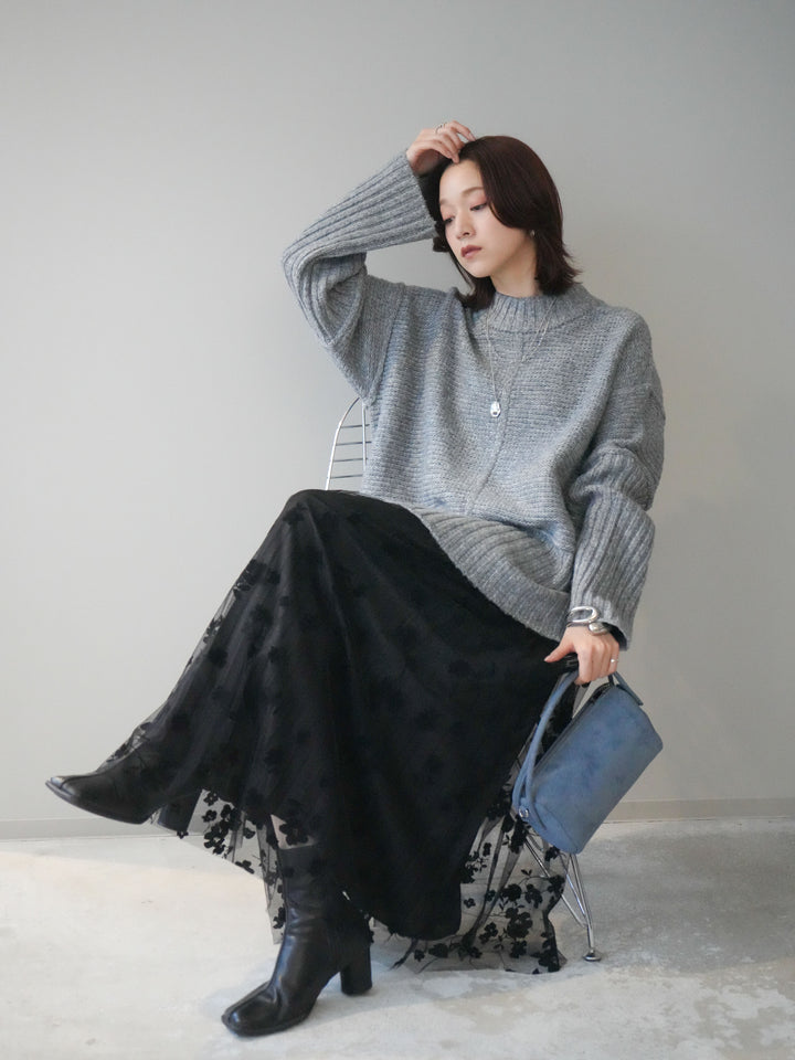 [SET]編み地切替ボトルネックニットプルオーバー+フラワーフロッキーチュールプリーツスカート(2set)