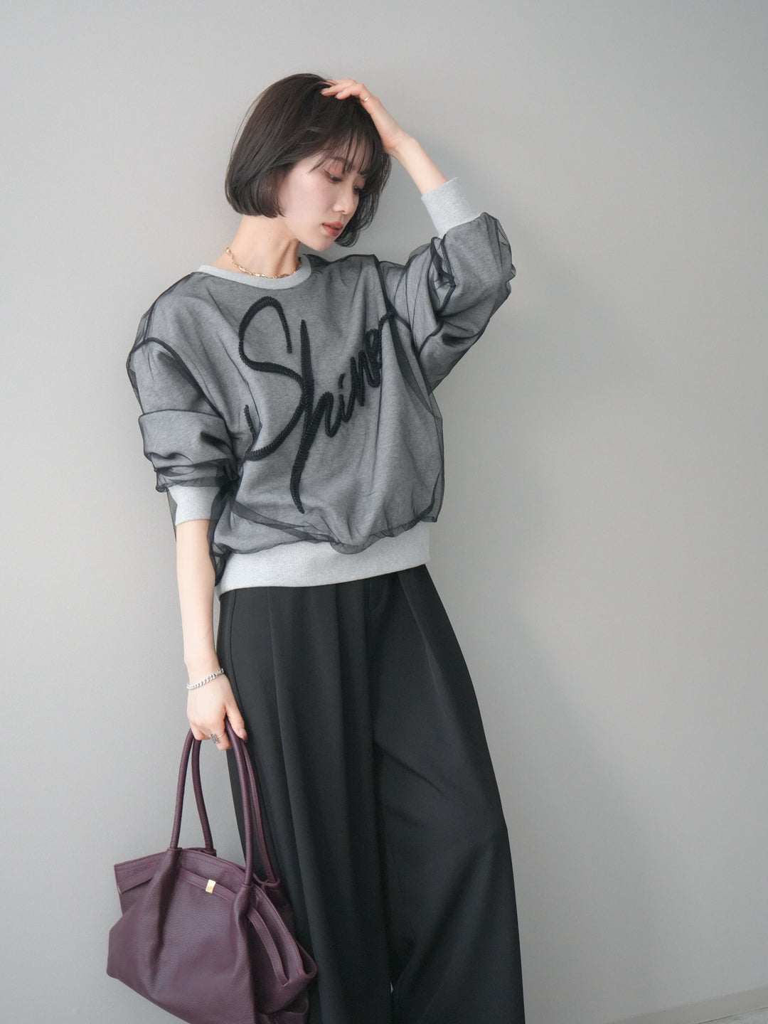 [予約]チュールレイヤードロゴスエットプルオーバー/gray