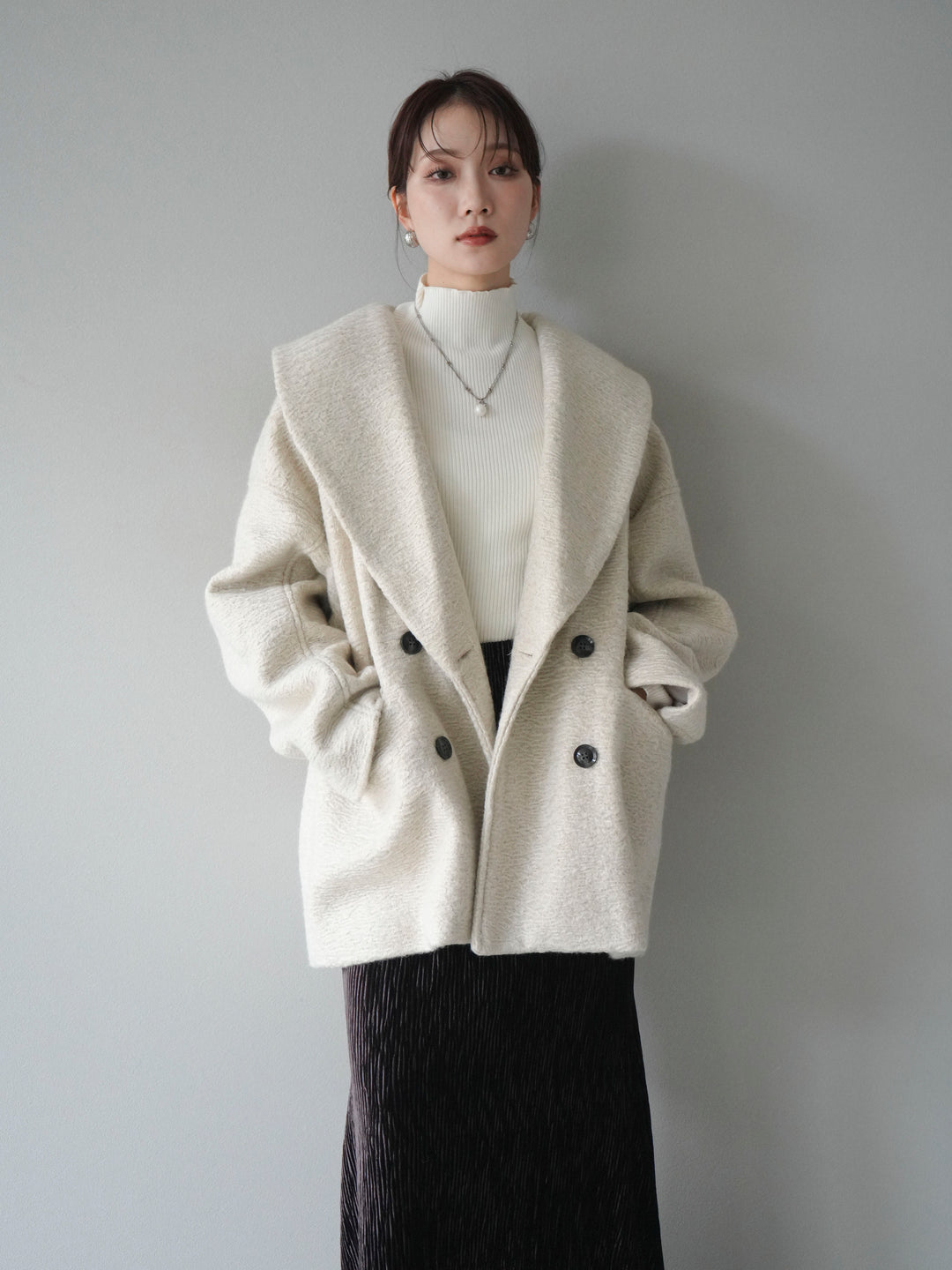 [予約]ロービング襟付きミドルコクーンコート/ivory