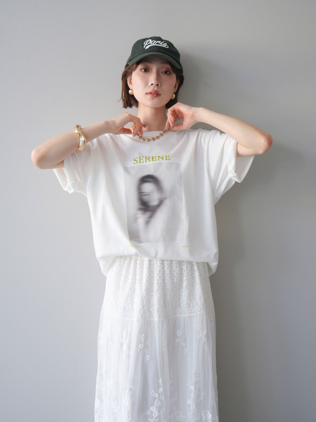 [SET]ブラーアートフォトTシャツ+シアーレースマキシスカート(2set)