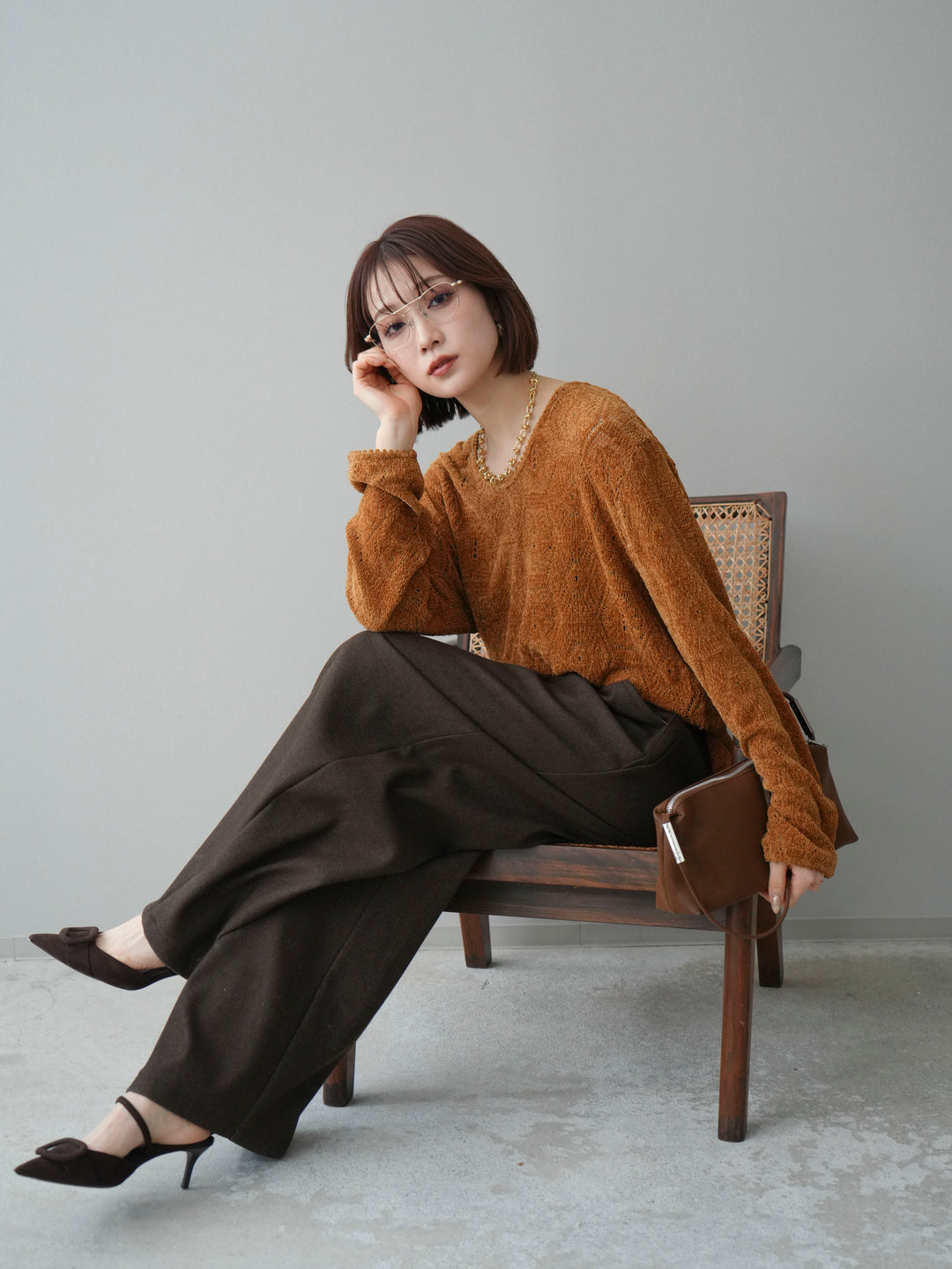 [予約]モール透かし編みニットトップス/camel