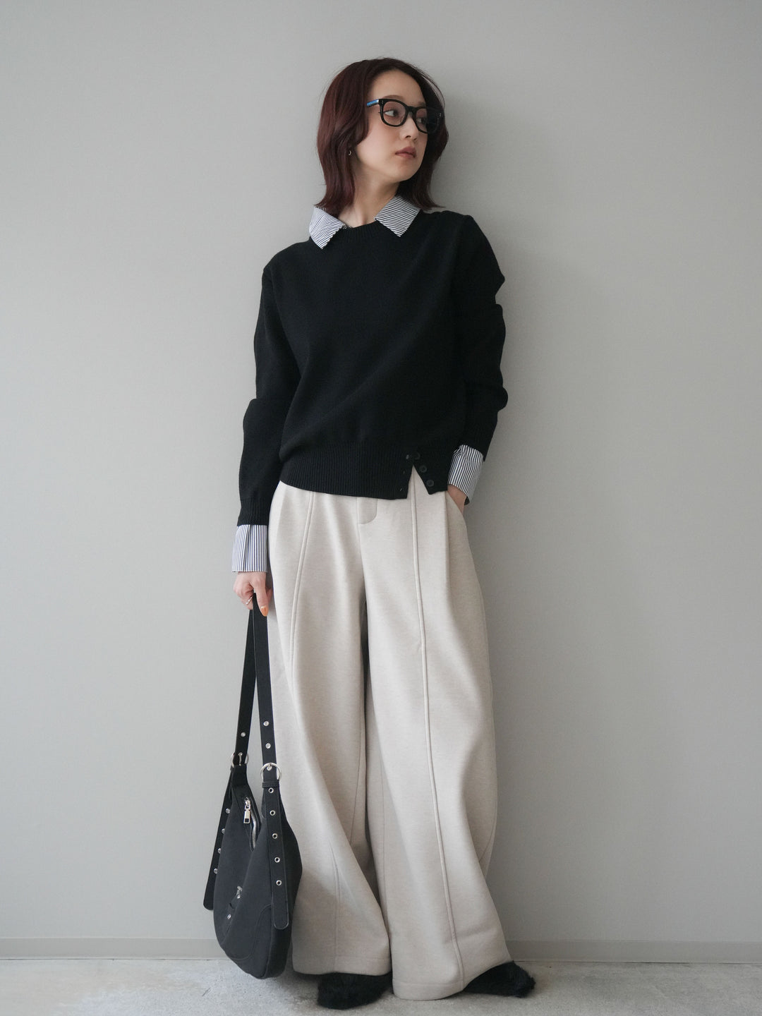 [予約]ベルト付き裏起毛ワイドパンツ/ecru