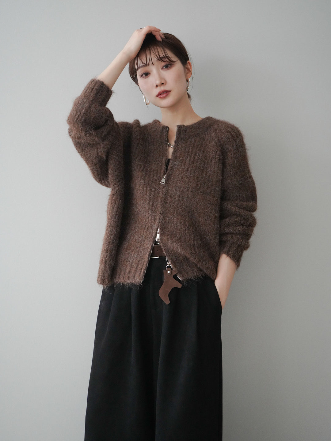[予約]MIXヤーンモヘアタッチZIPニットカーディガン/brown