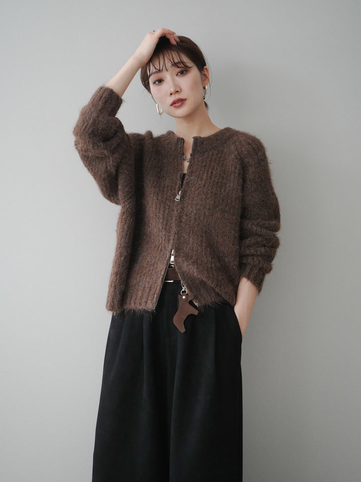 [予約]MIXヤーンモヘアタッチZIPニットカーディガン/brown