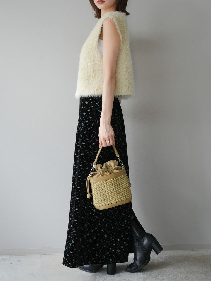 [予約]ベロアフラワープリントIラインスカート/ブラックxイエロー