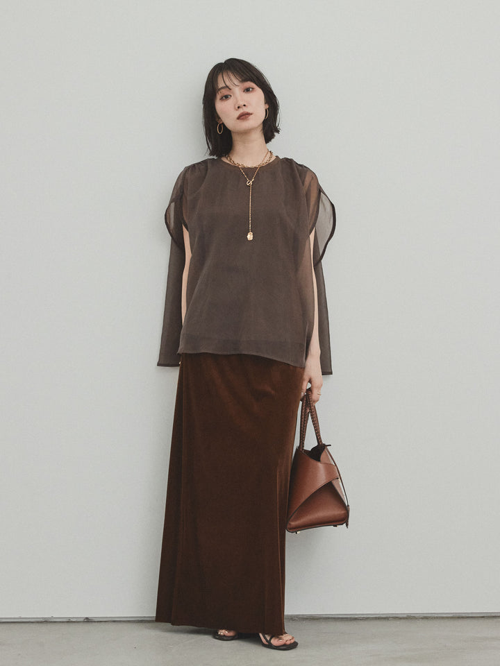 [SET] 緊湊光滑透視層疊上衣 + 天鵝絨低腰裙 (2set)